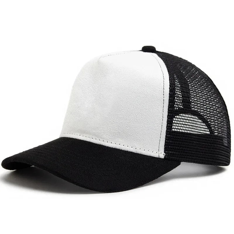 Boné trucker unissexo 2025 de 5 painéis em malha e camurça com logótipo personalizado, boné de basebol para homem, primavera/verão, respirável, desportivo, para mulher