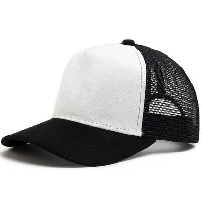 Boné trucker unissexo 2025 de 5 painéis em malha e camurça com logótipo personalizado, boné de basebol para homem, primavera/verão, respirável, desportivo, para mulher