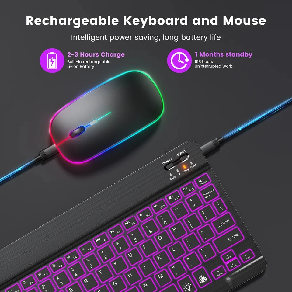 Mini Backlit RGB 10-inch Bluetooth Keyboard Wireless Mouse Rechargeable for Spanish Russian Hebrew Korean French Arabic Portuguese