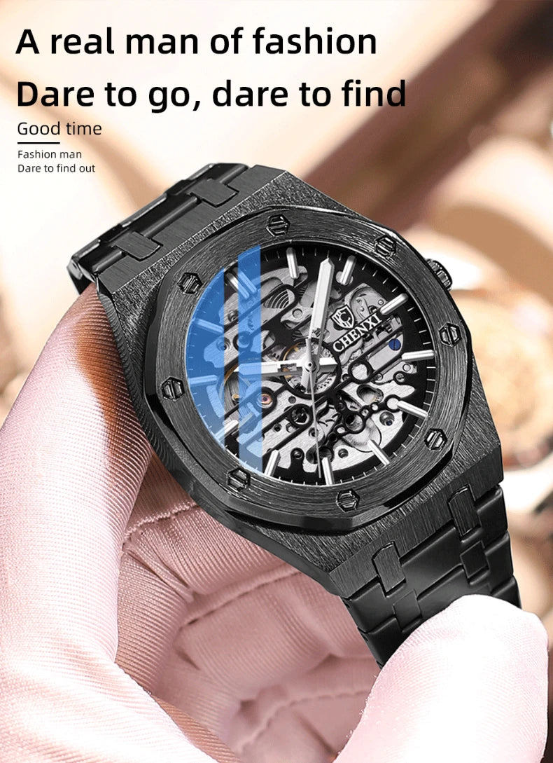 CHENXI Automatic Mens Watches Waterproof Business Stainless Steel Sport Mens Watches Top Brand Mechanical Tourbillon Wrist Watch