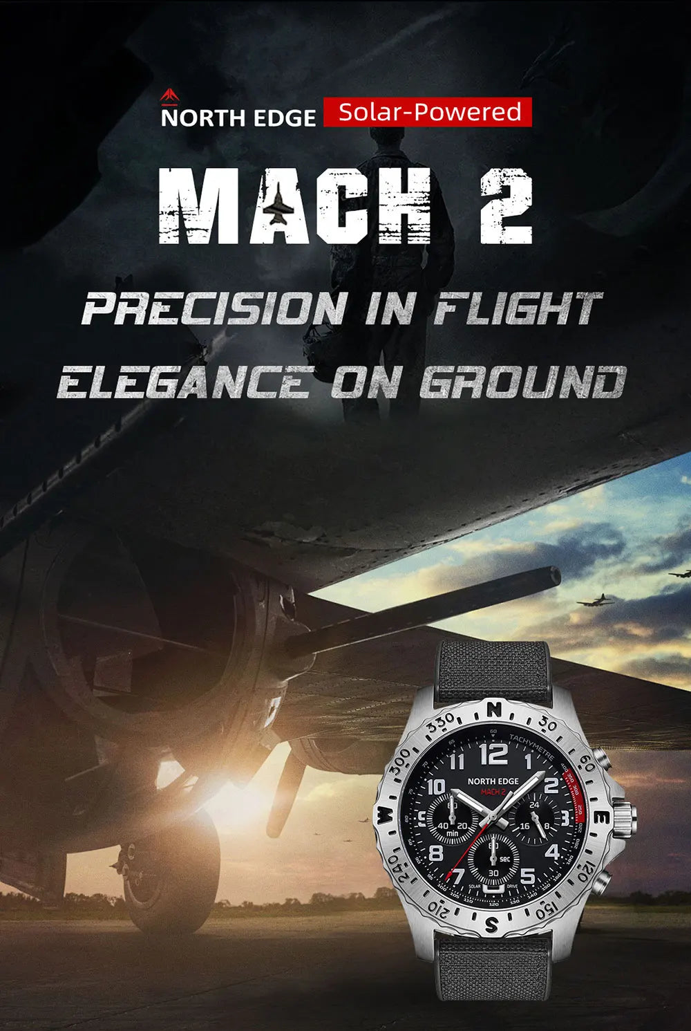 NORTH EDGE 2024 MACH 2 Men's Watches Solar Power 316 stainless steel Case Quartz Watch For Men Pilot Waterproof 50M Stopwatch