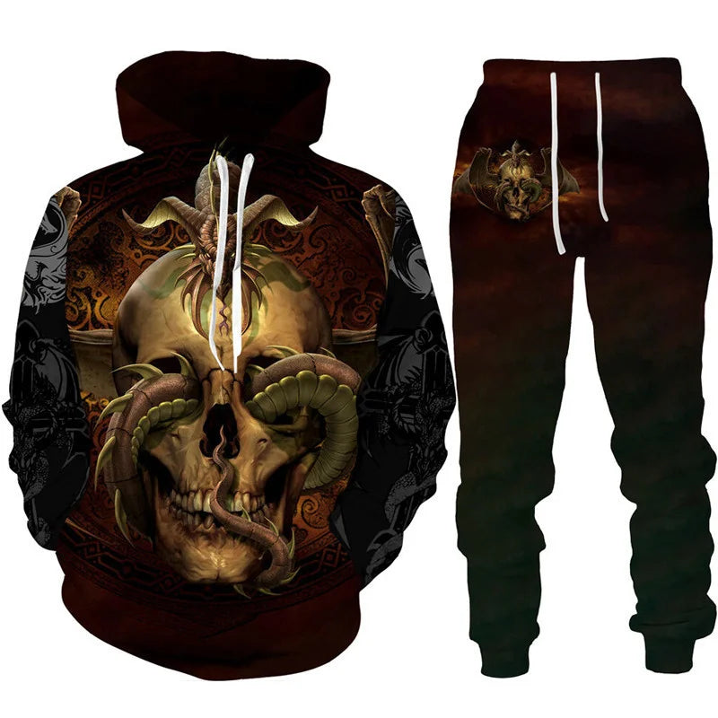 Conjunto de fato de treino para homem e mulher com estampado 3D de dragão retro tatuado, hoodie casual + calças, conjunto de 2 peças, sweatshirt oversized, moda masculina
