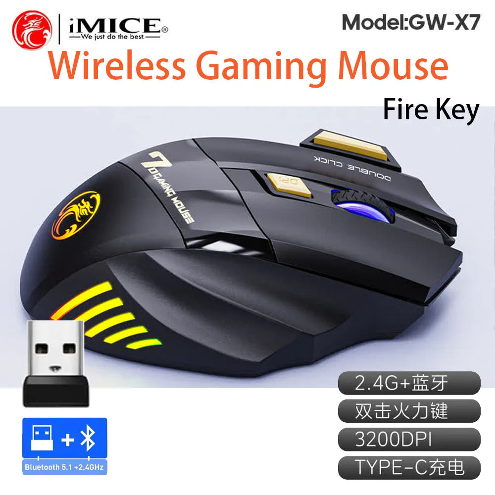Rato Sem Fios Bluetooth Recarregável para Computador, Rato Gamer Ergonómico com Retroiluminação RGB, Silencioso, para PC