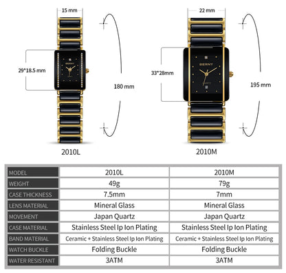 BERNY Ceramic Quartz Men Watch Fashion Luxury Rectangle Wristwatch XV12 Waterproof Calendar Diamon Black Gold Couple Gifts Watch
