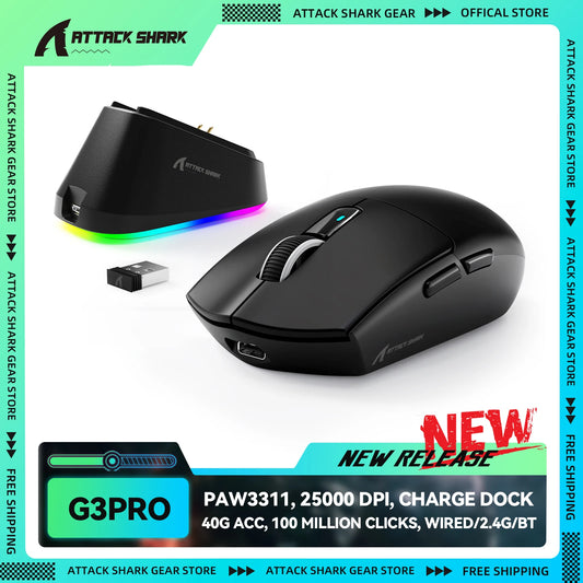ATTACK SHARK G3PRO Tri-Mode Wireless Gaming Mouse with Charging Dock, 25000 DPI Ultra Lightweight Gaming Mouse, PAW3311 Sensor, Bluetooth & 2.4GHz