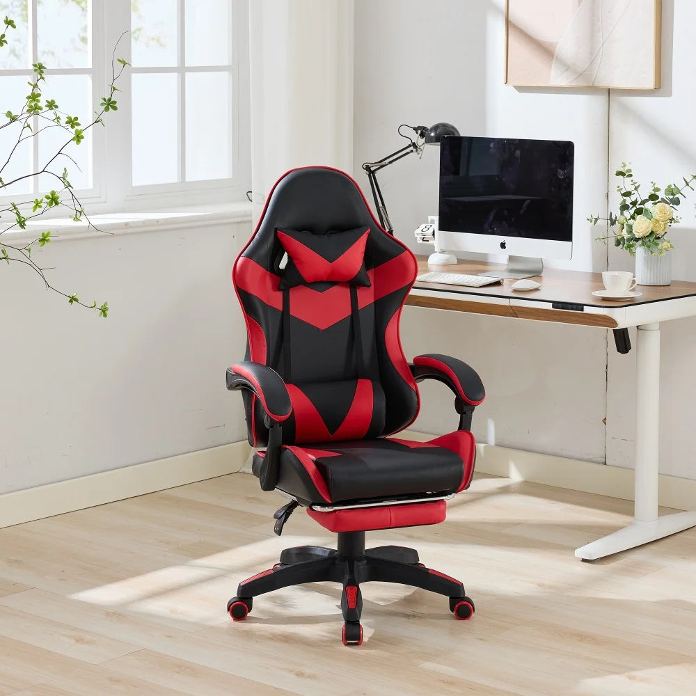 360 ° - Swivel Ergonomic Racing Design Gaming Chair Leather, Headrest and Lumbar Support for Office and Gaming - Black&Red