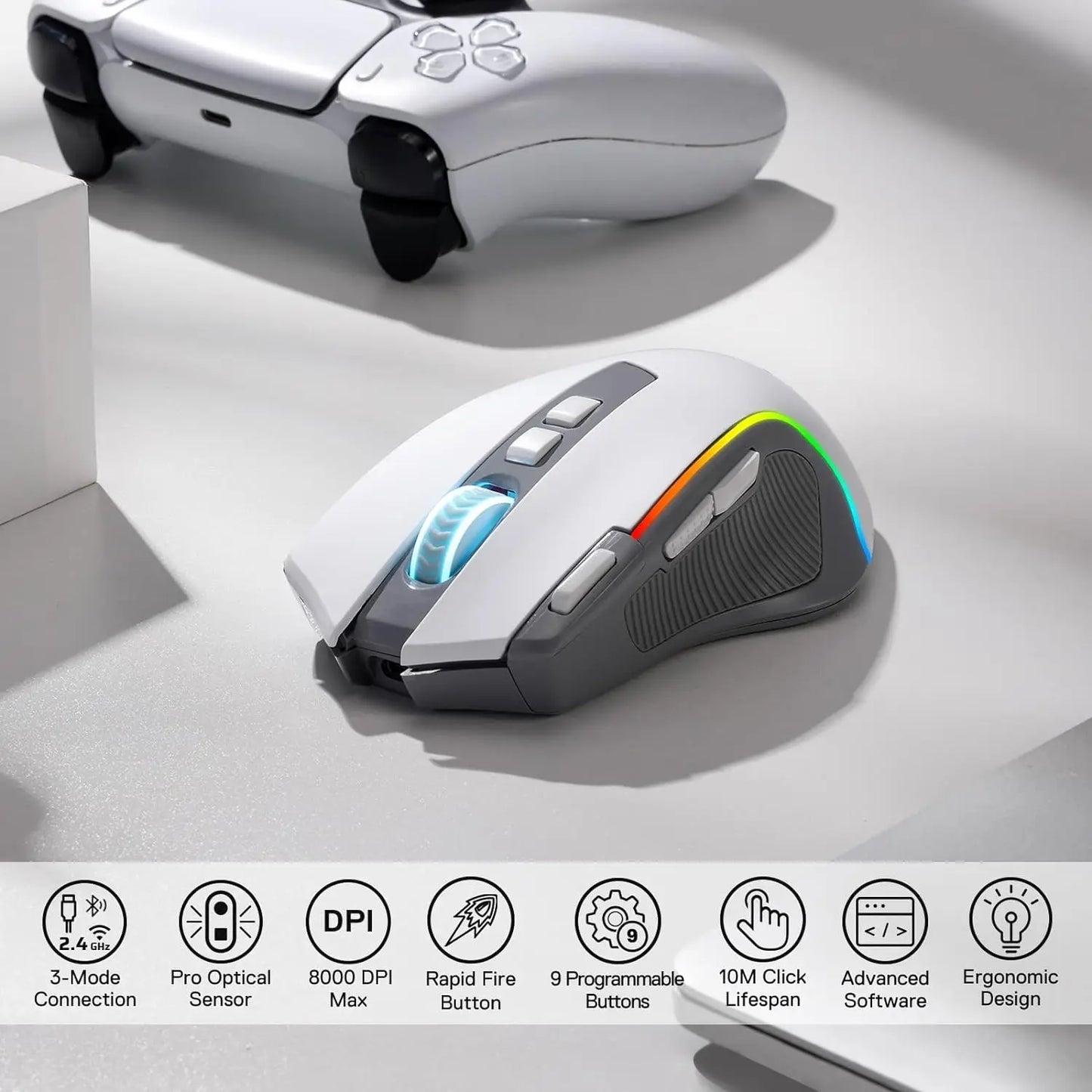 Rato Gaming Redragon M612 PRO RGB BT 2.4G, ótico sem fios 8000 DPI, 9 botões programáveis, 7 modos retroiluminados, B