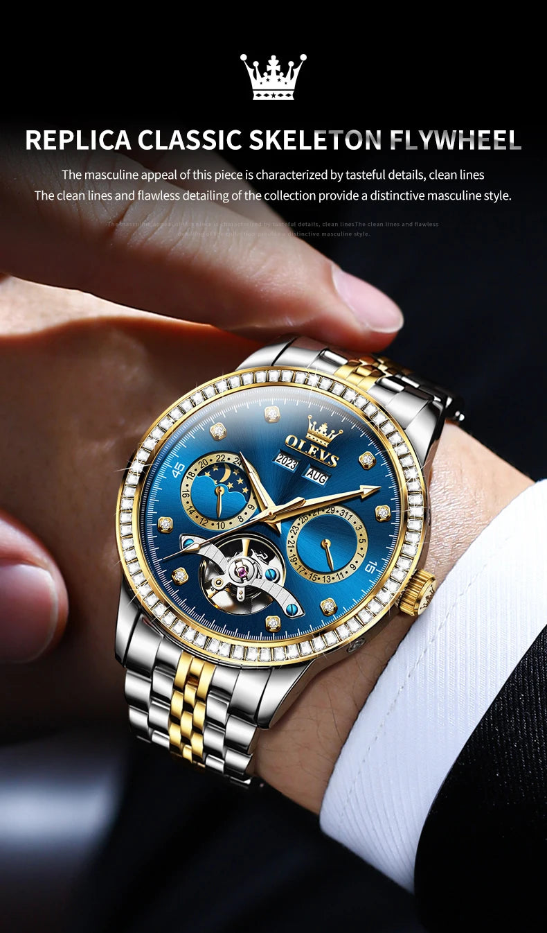 OLEVS 7016 Luxury Automatic Watch Men Skeleton Tourbillon Moon Phase Calendar Waterproof Stainless Steel Mechanical Wristwatch