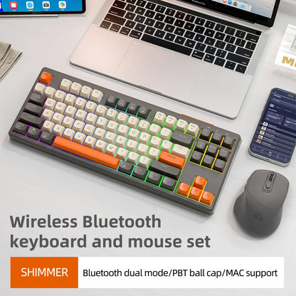 Teclado M87 Sem Fios Bluetooth de Modo Duplo, Sensação Mecânica para Gaming e Escritório, Silencioso, Teclas PBT Ball Cap, Luz Arco-Íris