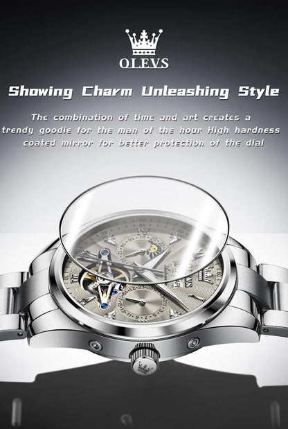 OLEVS 7028 Automatic Mechanical Men's Watch Tourbillon Dial Multifunctional Date Waterproof Luminous Watch for Men