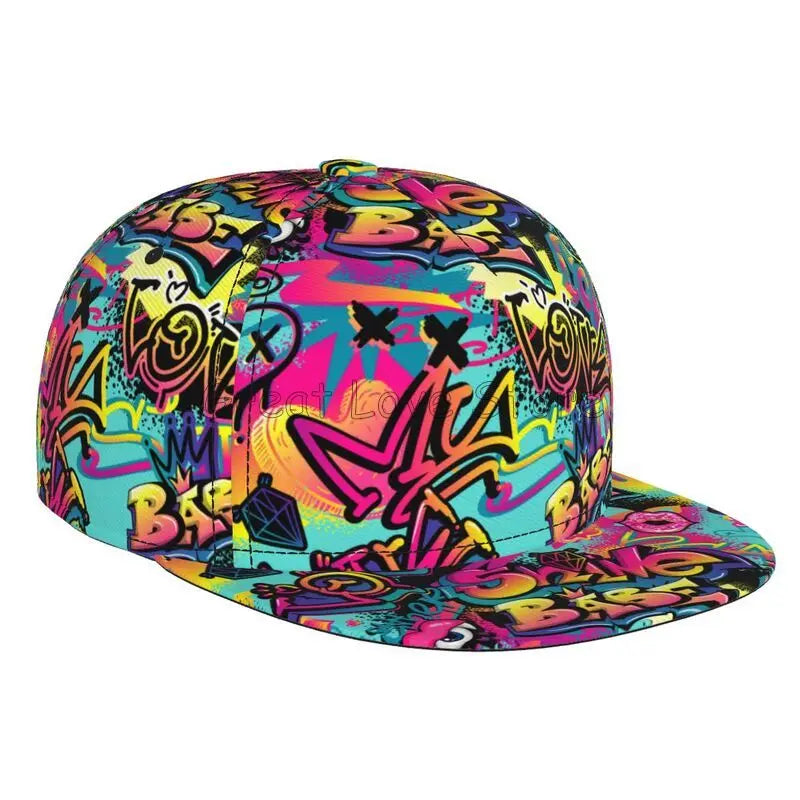 Farverig baseballcap med graffitikunst-print, justerbar snapback-kasket til mænd og kvinder, unisex hiphop-kasketter med flad skygge