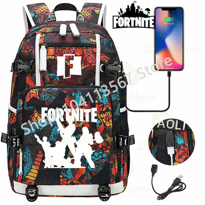 Mochila Yule Trooper F-Fortnited Battle Royale com carregamento USB, figuras anime e compartimento para material escolar para estudantes