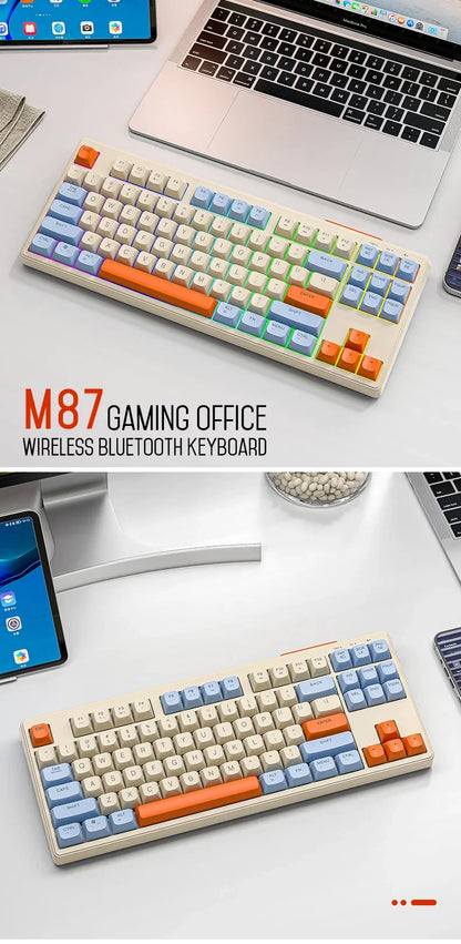 Teclado M87 Sem Fios Bluetooth de Modo Duplo, Sensação Mecânica para Gaming e Escritório, Silencioso, Teclas PBT Ball Cap, Luz Arco-Íris