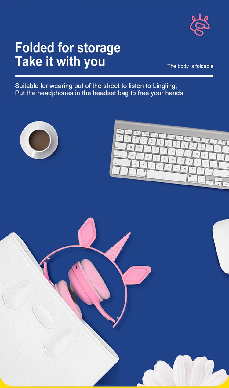 Glow Unicorn Bluetooth Headphones for Kids – LED Bunny Ear Wireless Headphones with Microphone, TF Card Slot, Over-Ear Bluetooth Headset for Gaming, Music & Mobile Devices