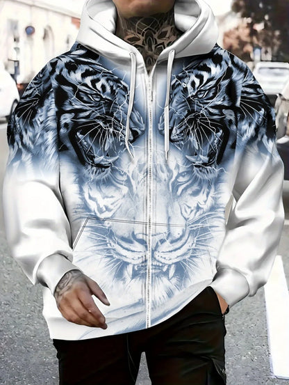 Sweatshirt com capuz e fecho para homem 2025, manga comprida, gráfico de tigre, estilo casual outdoor, com cordão e bolsos