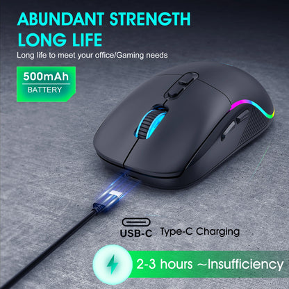 Rato Tri-Mode 2.4G sem fios/Bluetooth/com fios, DPI ajustável em 6 níveis, bateria de 500mAh, iluminação RGB, rato de gaming e eSports com macro para escritório