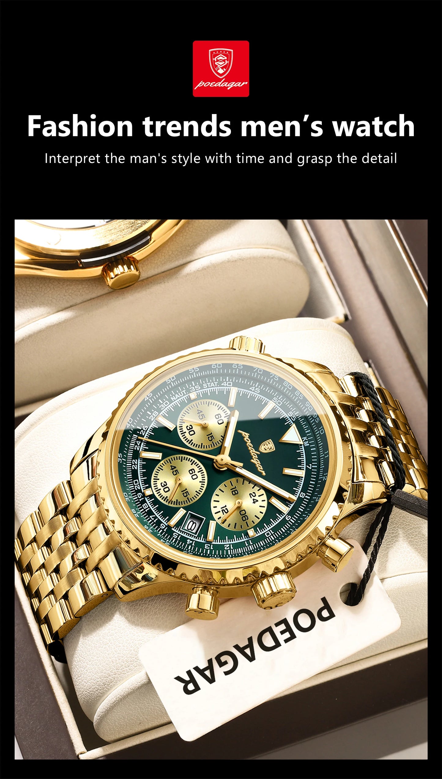 POEDAGAR Trendy Man Watch Chronograph Date Waterproof Luminous Men's Watches Stainless Steel Quartz Sports Luxury Man Wristwatch