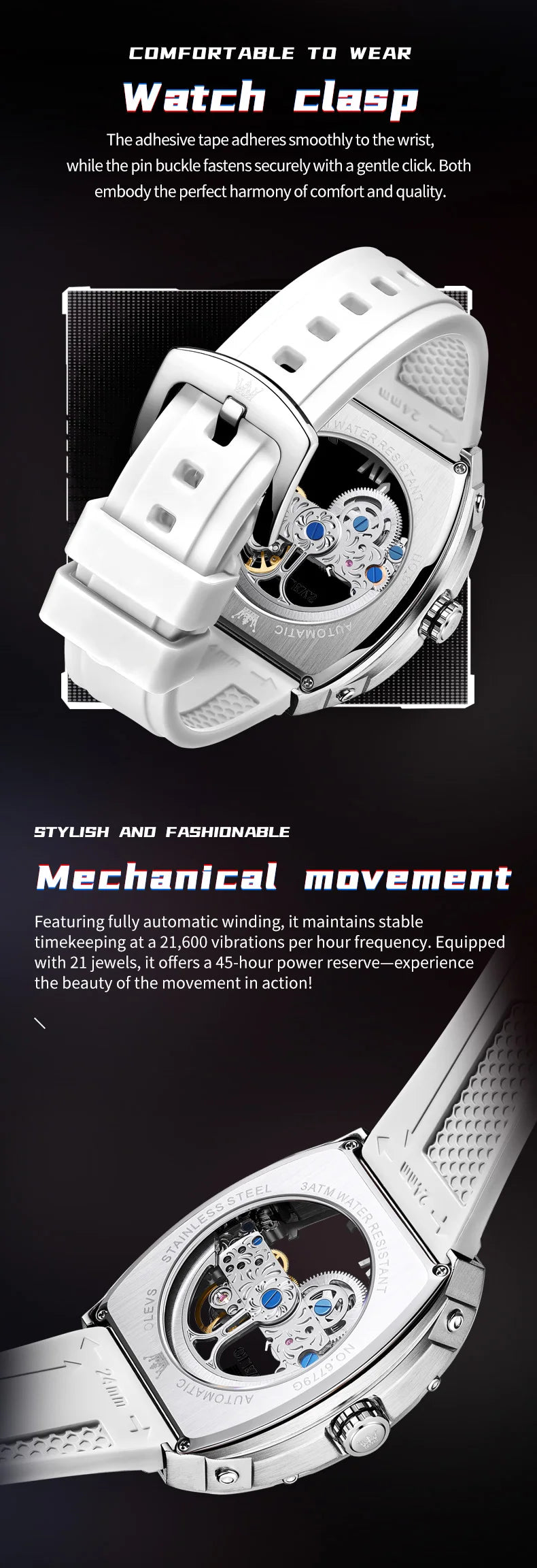  OLEVS Automatic Men Watch White Rubber Strap Mechanical Tourbillon Watches Men Luminous Watches Waterproof