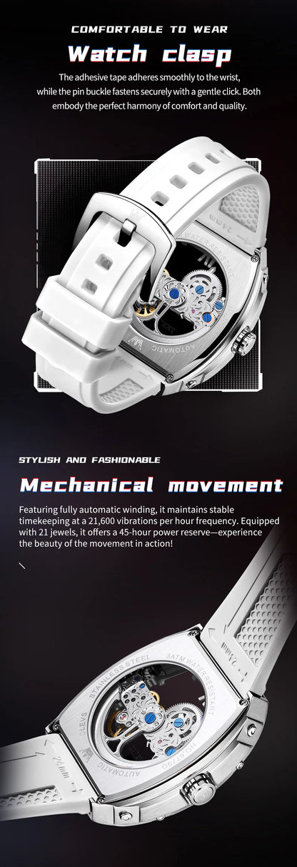  OLEVS Automatic Men Watch White Rubber Strap Mechanical Tourbillon Watches Men Luminous Watches Waterproof