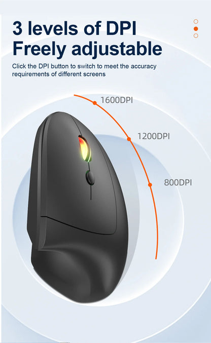 Rato Vertical Sem Fios Bluetooth 2.4G Recarregável Ergonómico 1600DPI Ajustável Gaming 6 Botões para Portátil PC Computador