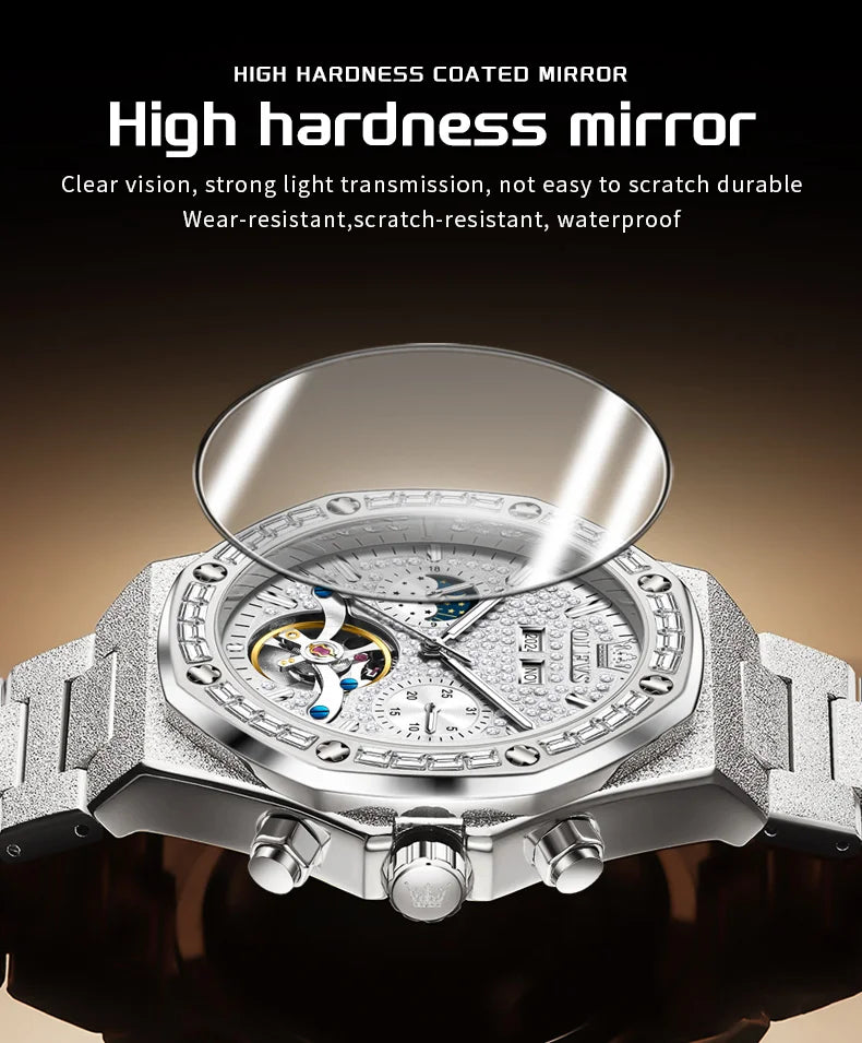 OLEVS 9805 Skeleton Automatic Man Watch Luxury Fashion Matte Texture Full Diamond Moon Phase Waterproof Mechanical Wristwatches