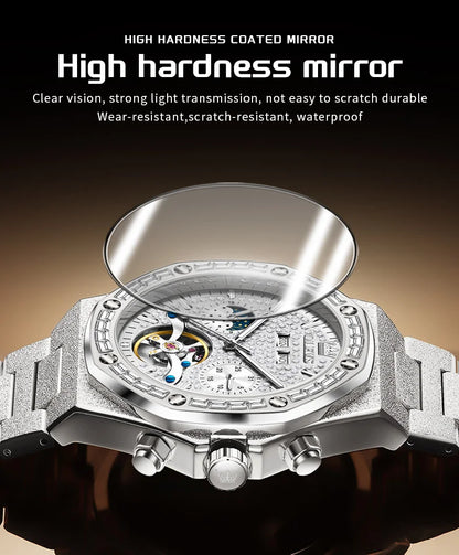 OLEVS 9805 Skeleton Automatic Man Watch Luxury Fashion Matte Texture Full Diamond Moon Phase Waterproof Mechanical Wristwatches