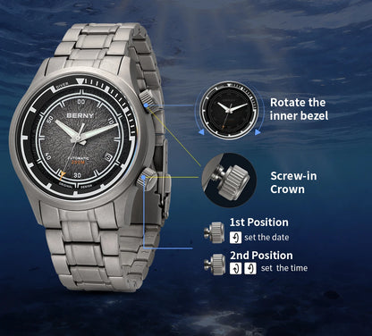 BERNY Automatic Diving Watches for Men Full Titanium Lightweight Super Luminous Mechanical Men's Diver Watch 20ATM Sapphire