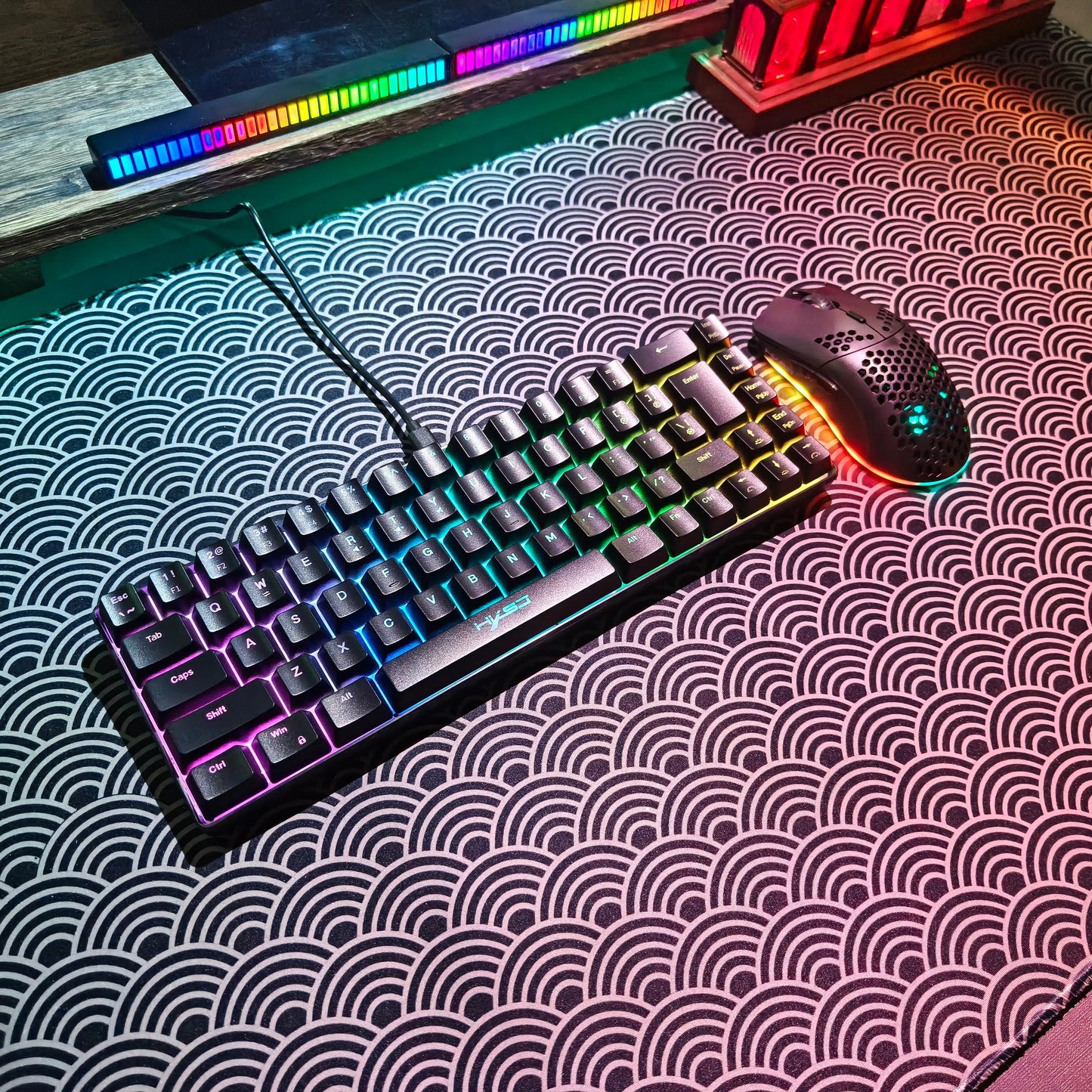 Portable HXSJ 60% RGB Gaming Keyboard and Mouse Set 68-Key Wired Membrane Keyboard 3-Mode Lightweight Wireless Mouse for PC Mac