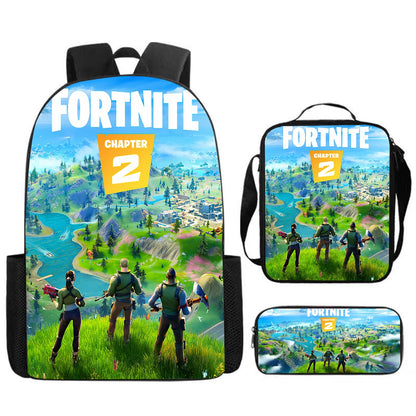 Conjunto Fortnite Cartoon de 3 peças, grande capacidade, adequado para rapazes e raparigas dos 5 aos 8 anos, inclui mochila, lancheira e estojo