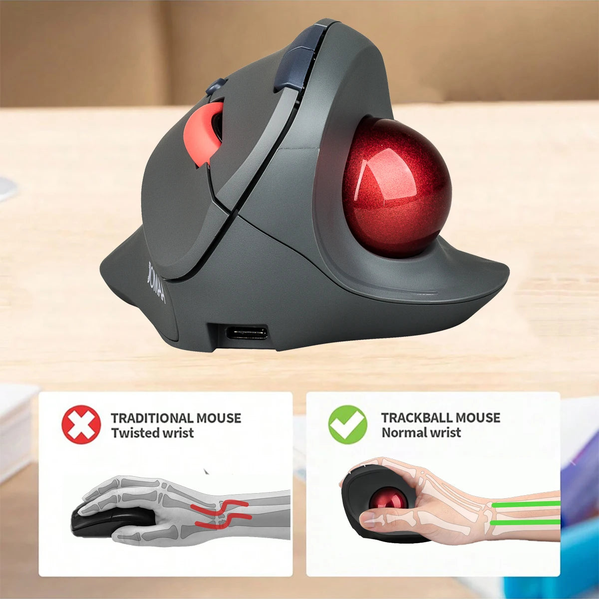 Bezprzewodowa mysz trackball JOMAA, pionowa, ładowalna mysz z kulką, ergonomiczna, cicha mysz gamingowa do komputerów z Windows