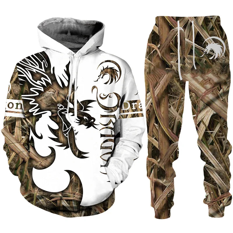 Conjunto de fato de treino para homem e mulher com estampado 3D de dragão retro tatuado, hoodie casual + calças, conjunto de 2 peças, sweatshirt oversized, moda masculina