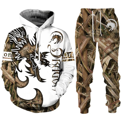 Conjunto de fato de treino para homem e mulher com estampado 3D de dragão retro tatuado, hoodie casual + calças, conjunto de 2 peças, sweatshirt oversized, moda masculina