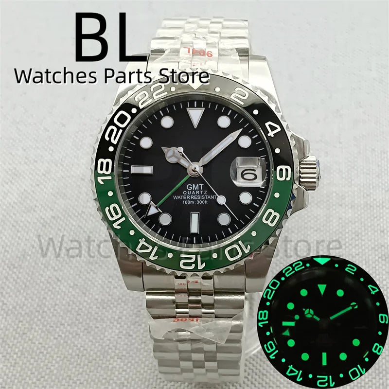BLIGER 40mm 515 24H GMT Men's Watch Stainless Steel Clasp Luminous Quartz Movement Ceramic Bezel 10Bar Waterproof Sapphire Glass