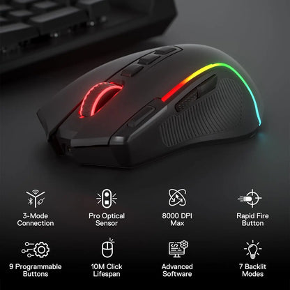 Rato Gaming Redragon M612 PRO BT & 2.4RGB, 8000 DPI, Ótico com/sem Fios, 11 Botões Programáveis e 6 Modos de Retroiluminação