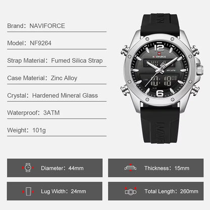NAVIFORCE Men Quartz LCD Dual Display Watch With Silicone Strap 3ATM Waterproof Shockproof Night Light Round Case Sport Casual