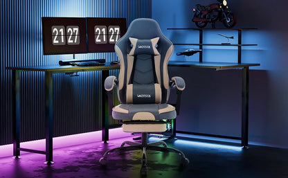 Cadeira Gaming WOTSTA com Apoio para Pés, Cadeira Gamer Ergonómica com Almofada Lombar, Apoio de Cabeça e Altura Ajustável para Computador