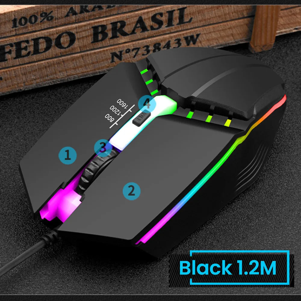 Rato Gaming USB com Fio RGB Retroiluminado e Botão Silenciar, para PC de Secretária, Portátil, Computador, Casa e Escritório, LED Luminoso, 1600DPI