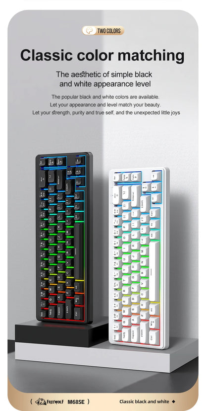 FREEWOLF M68SE 68 key wired mini keyboard, designed ergonomically, dazzling lights and compatible with multiple systems