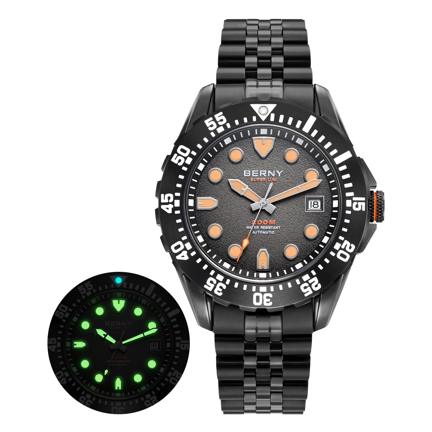 BERNY Men's Automatic Diver Watch Supper Luminous Sapphire AR Coated MIYOTA 8215 316LStainless Steel Single Crown Diving Watches