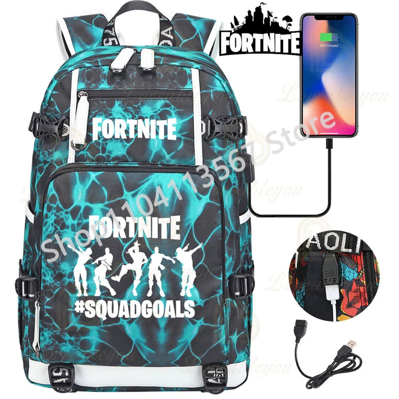Mochila Yule Trooper F-Fortnited Battle Royale com carregamento USB, figuras anime e compartimento para material escolar para estudantes