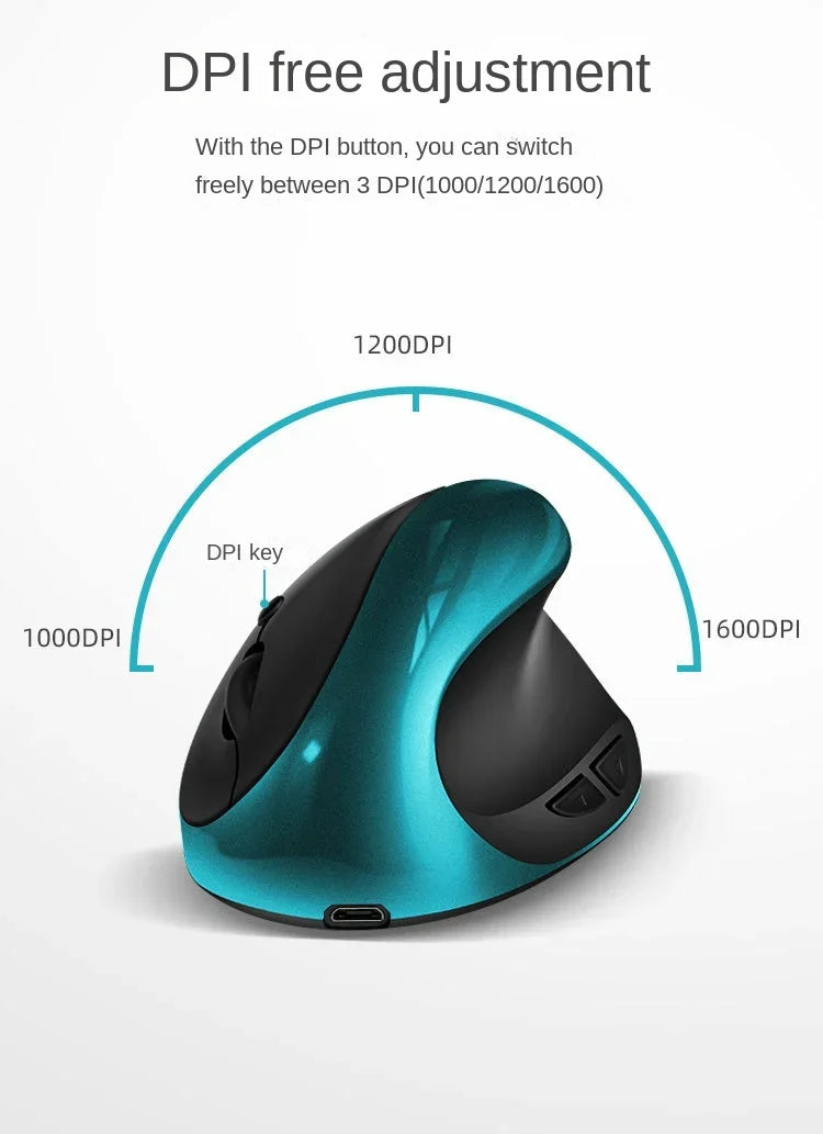 BTS-908 Bestseller — ładowalna pionowa mysz ergonomiczna, bezprzewodowa, odbiornik USB 2.4G, regulowane 1600 DPI, 6 przycisków
