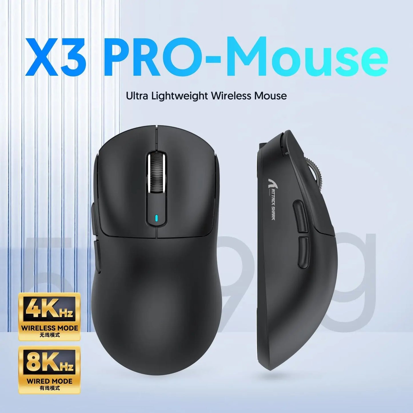 Attack Shark X3/X3 Pro Wireless Gaming Mouse, 26K DPI PixArt PAW3395, Tri-Mode Bluetooth 5.2/2.4G/Wired, 49g Ultralight Gaming Mouse for PC