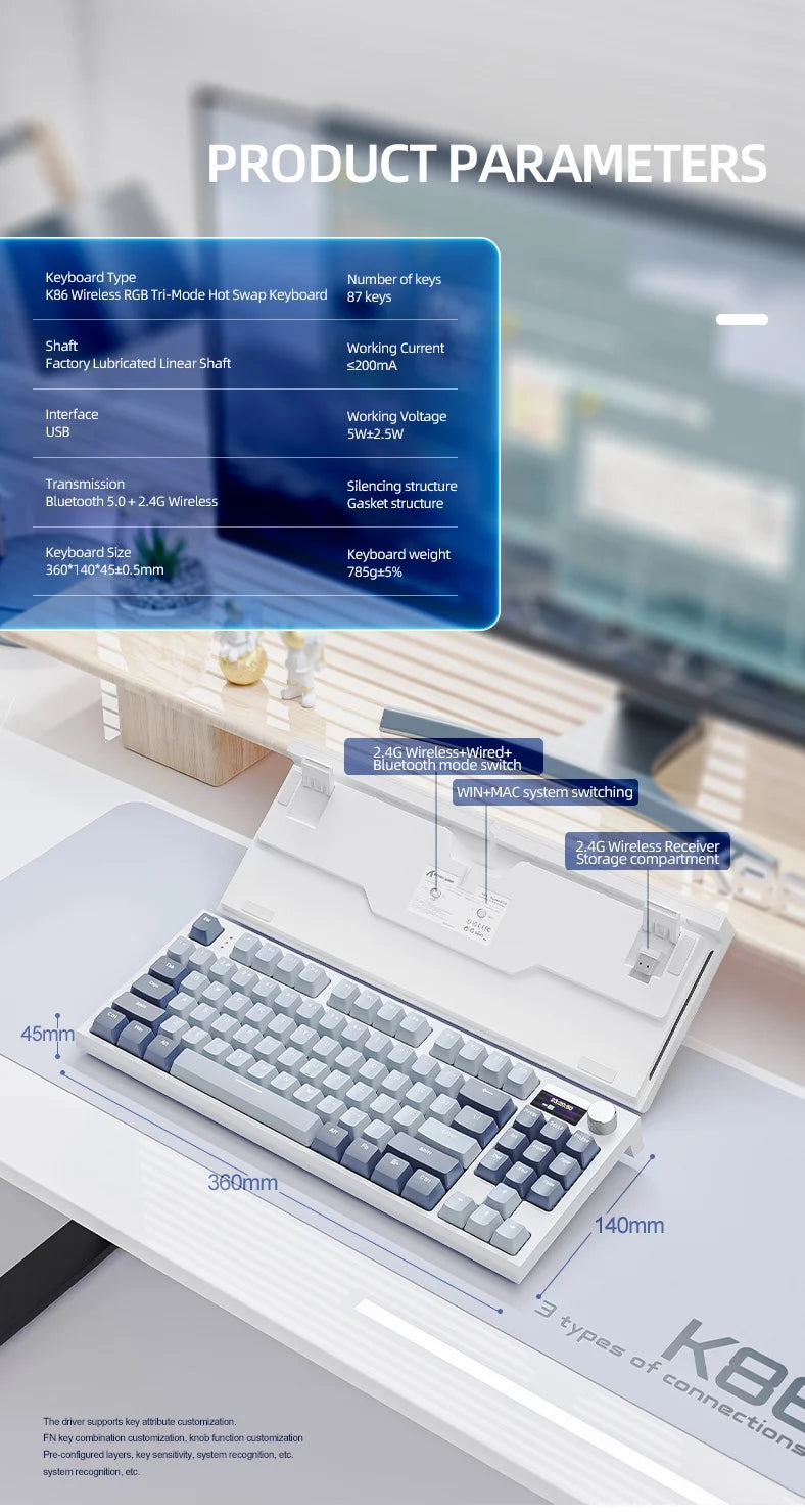 ATTACK SHARK K86 Mechanical Keyboard with Metal Knob, TFT Smart Color Screen, 87-key Layout, RGB Lighting, and Three-mode Connection