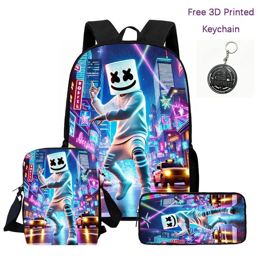 3Pcs Kids Backpack Set, Crossbody & Pencil Bag, FORTNITE Cartoon Bag, Lightweight for Boys Girls 6-10, Free 3D Printed Keychain
