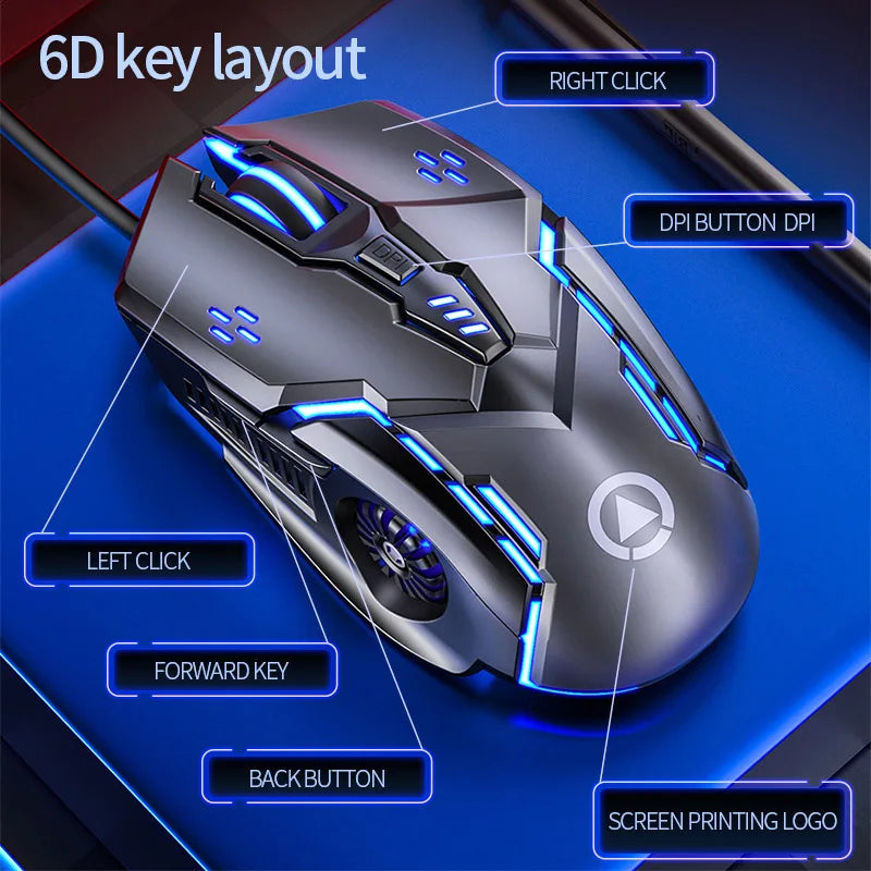 Rato Gaming Ergonómico com Fio YINDIAO RGB Silencioso, Retroiluminação LED, 3200dpi, 6 Botões, G5 USB, Rato Mecânico para PC, Portátil e Computador
