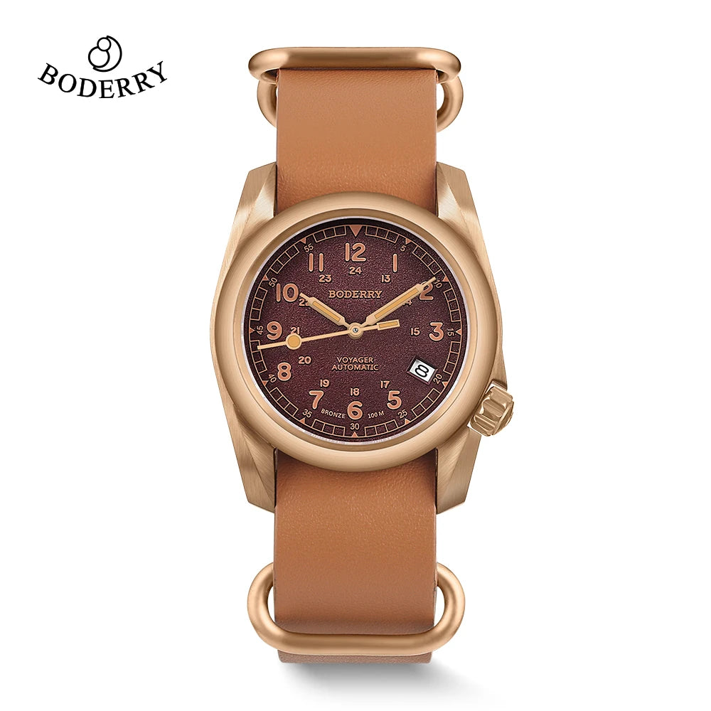 Boderry VOYAGER Field Watches Bronze Case Automatic For Seiko NH35 Watch 100M Waterproof Clock Military Vintage Wristwatch Mens