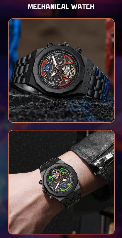 Top Brand Sport Watches with Tourbillon Stainless Steel Rubber Strap Multifunction Dial Automatic Watches Reloj Hombre New