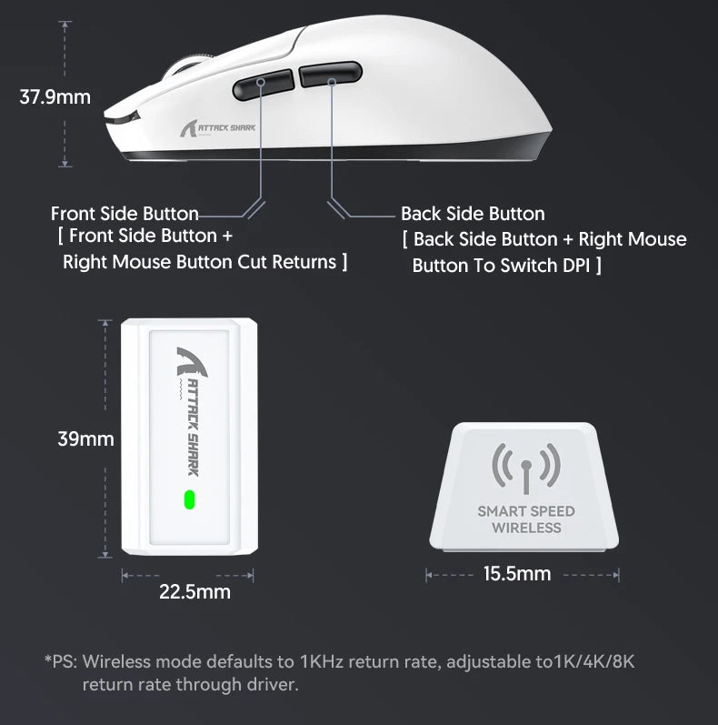 Rato Gaming Attack Shark R6 38g ultraleve, sem fios com taxa de retorno PAW3950 8K, Nordic 52840, 24000DPI, tri-modo