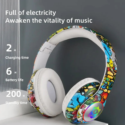 Auscultadores Gaming Bluetooth Sem Fios New Graffiti LX-8686 com Microfone, Iluminação LED, Suporte para Cartão TF, Graves Profundos e Design Over-Ear para PC, Gaming e Crianças