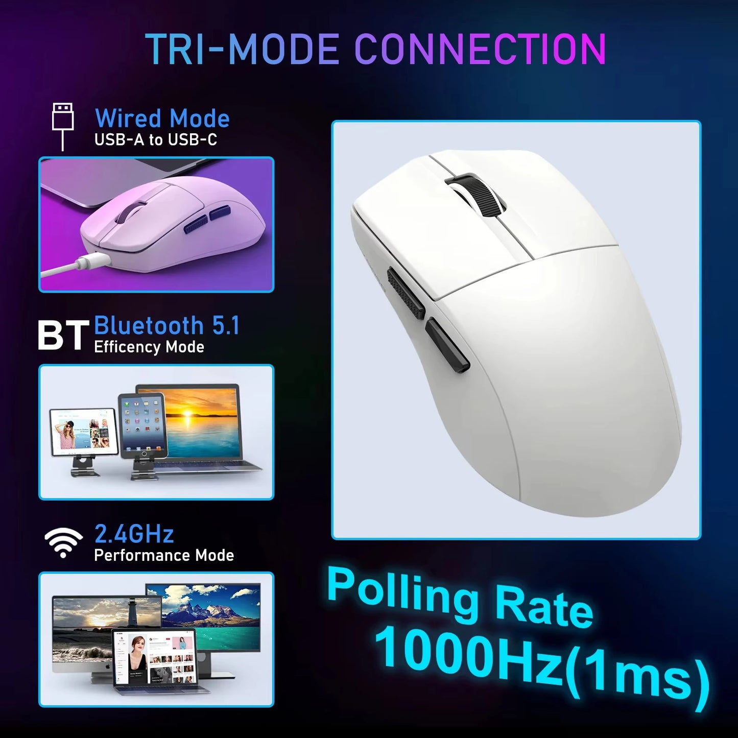 E-YOOSO X44 Lite Tri-Mode Rechargeable Wireless Mouse, Ultra Lightweight Bluetooth, 2.4G & USB-C Computer Mouse for Laptop, PC & Mac